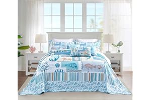 HZ & HY Coastal Oversized King Bedspread 138x122 Extra Wide, Lightweight Beach Bedding Nautical Quilt, Real Stitching, Reversible, 6 Piece, 100% Microfiber, California/Alaskan King, Coral