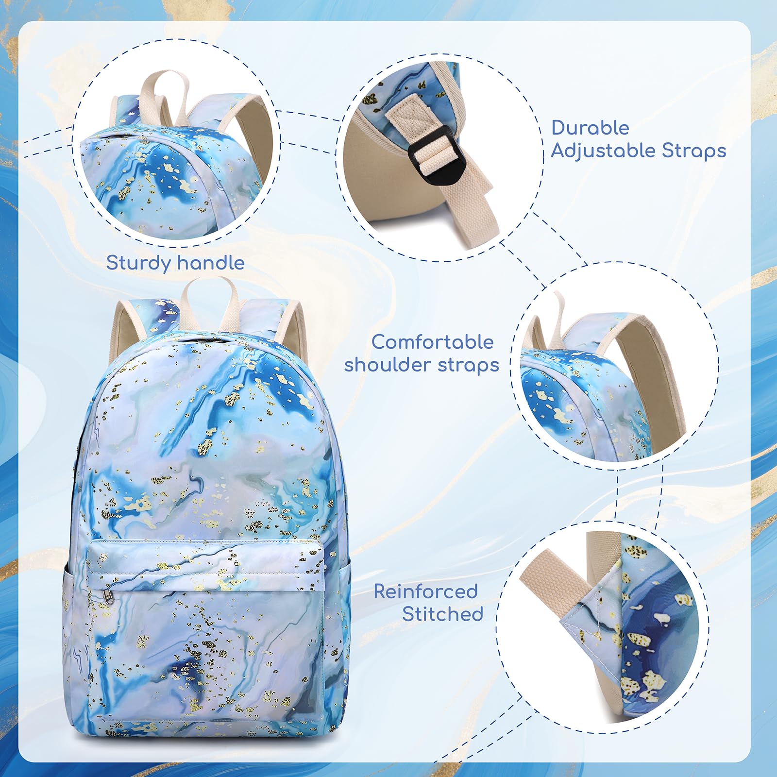 Bluboon Teen Girls School Backpack Kids Bookbag Set with Lunch Box Pencil Case Travel Laptop Backpack Casual Daypacks (Blue-white)