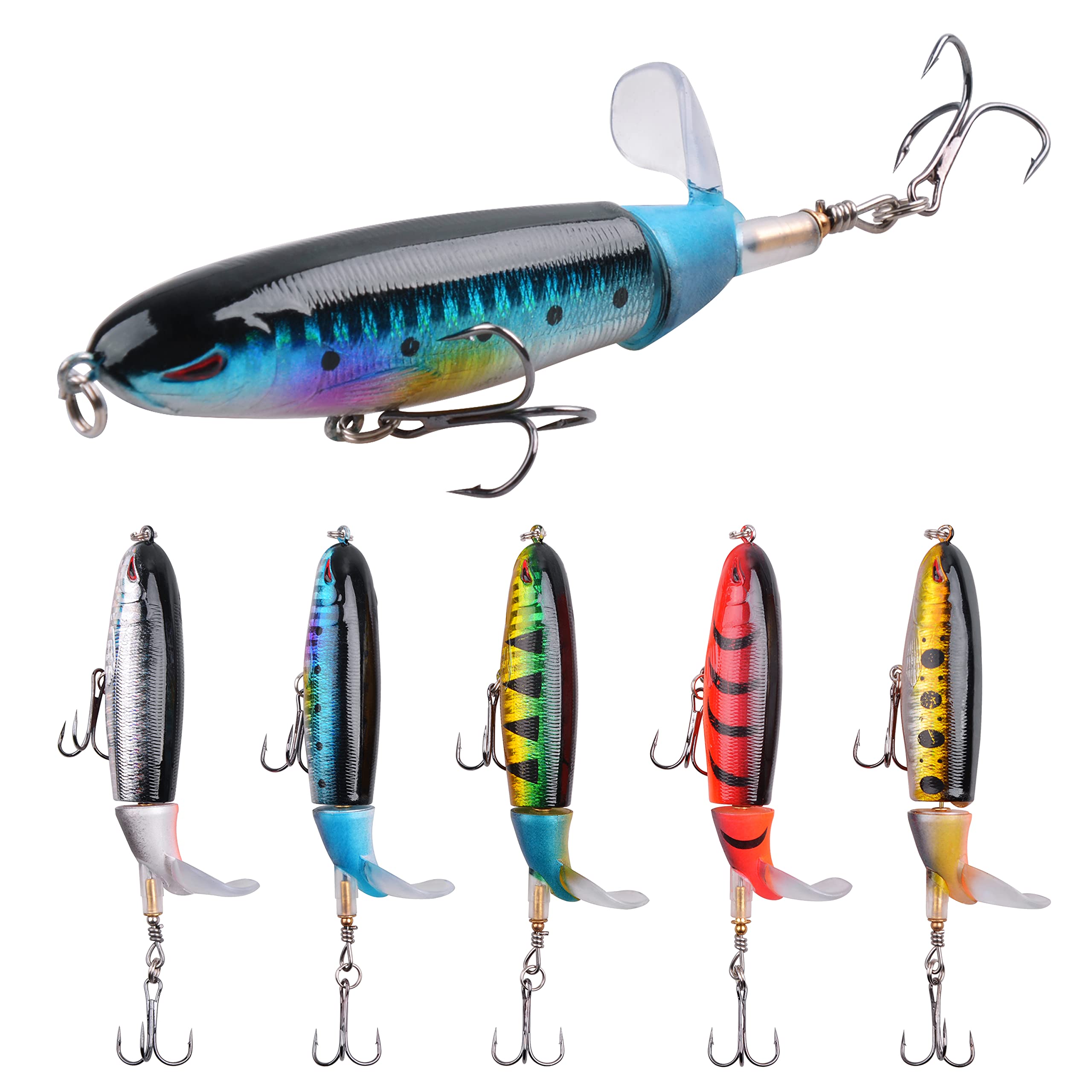 Topwater Bass Fishing Lures Set, 5pcs Plopping Minnow Lure with Floating Rotating Tail Whopper Surface Lures Swimbaits for Bass Trout Pike Freshwater Saltwater