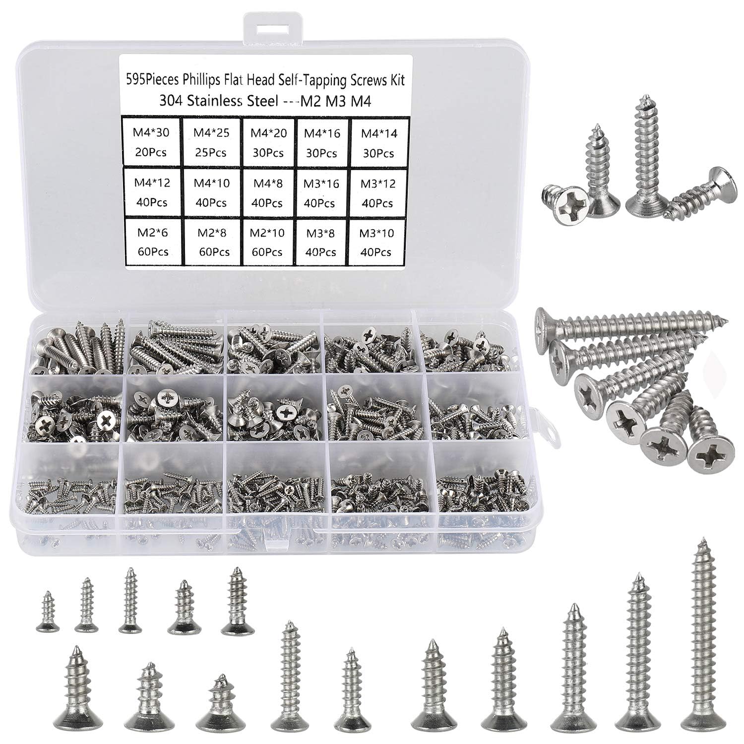 FandWay 595Pcs Self Tapping Screws 304 Stainless Steel,M2 M3 M4 Small Wood Screws Assortment,Countersunk Head Self Drilling Screw,Flat Head Sheet Metal Screw Phillips Drive for DIY Wood Repairs.