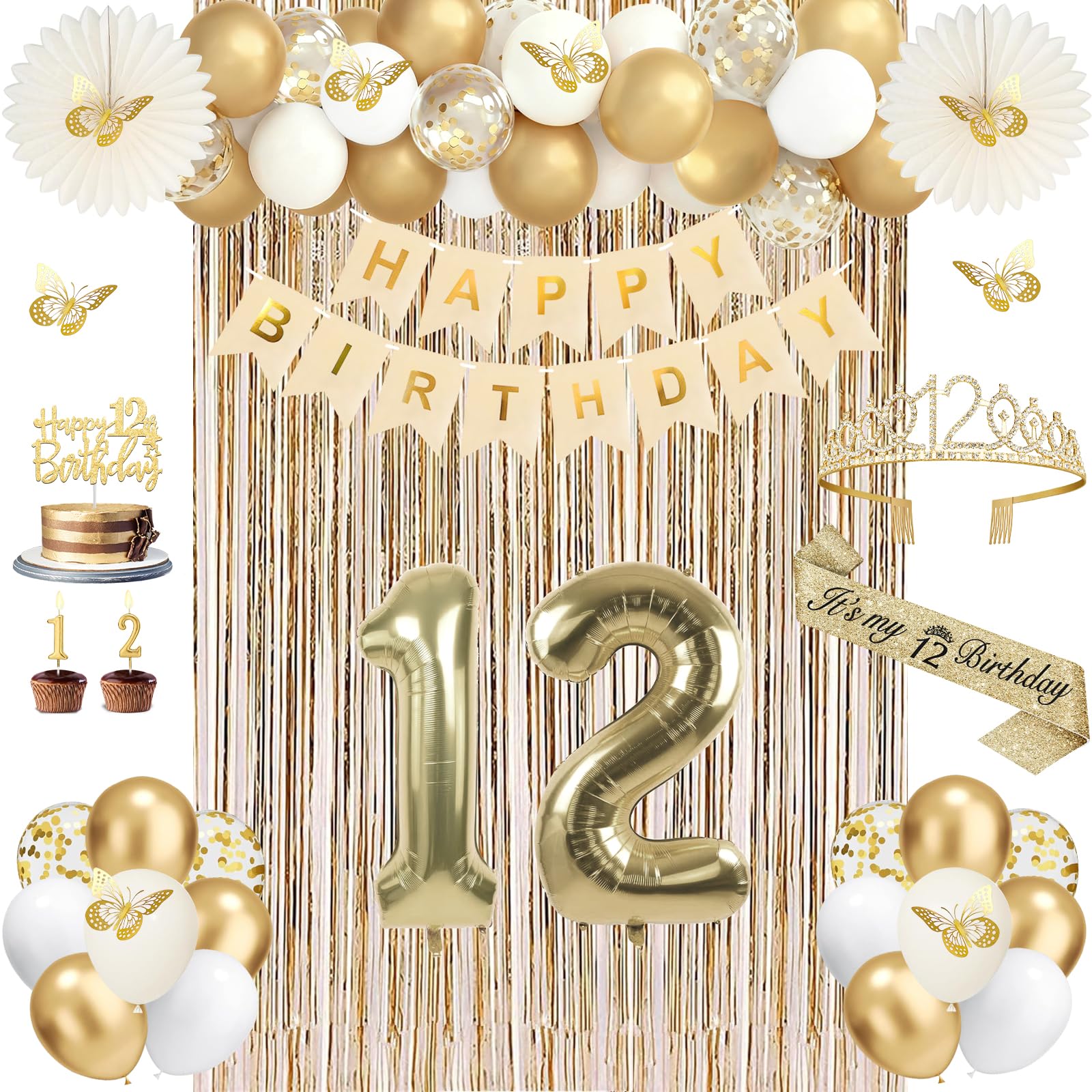 Photo 1 of 12th Birthday Decorations for Girls, Champagne Gold Happy 12 Year Old Gifts for Girls, 12 Sash and Crown, Banner, Fringe Curtains, Hanging Paper Fans, 12th Birthday Party Decorations
