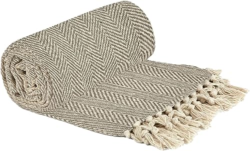 Emma Barclay Herringbone - Recycled Cotton Patterned Chair Sofa Setee Bed Throw Over Blanket in Natural - 50x60 (127x152cm)