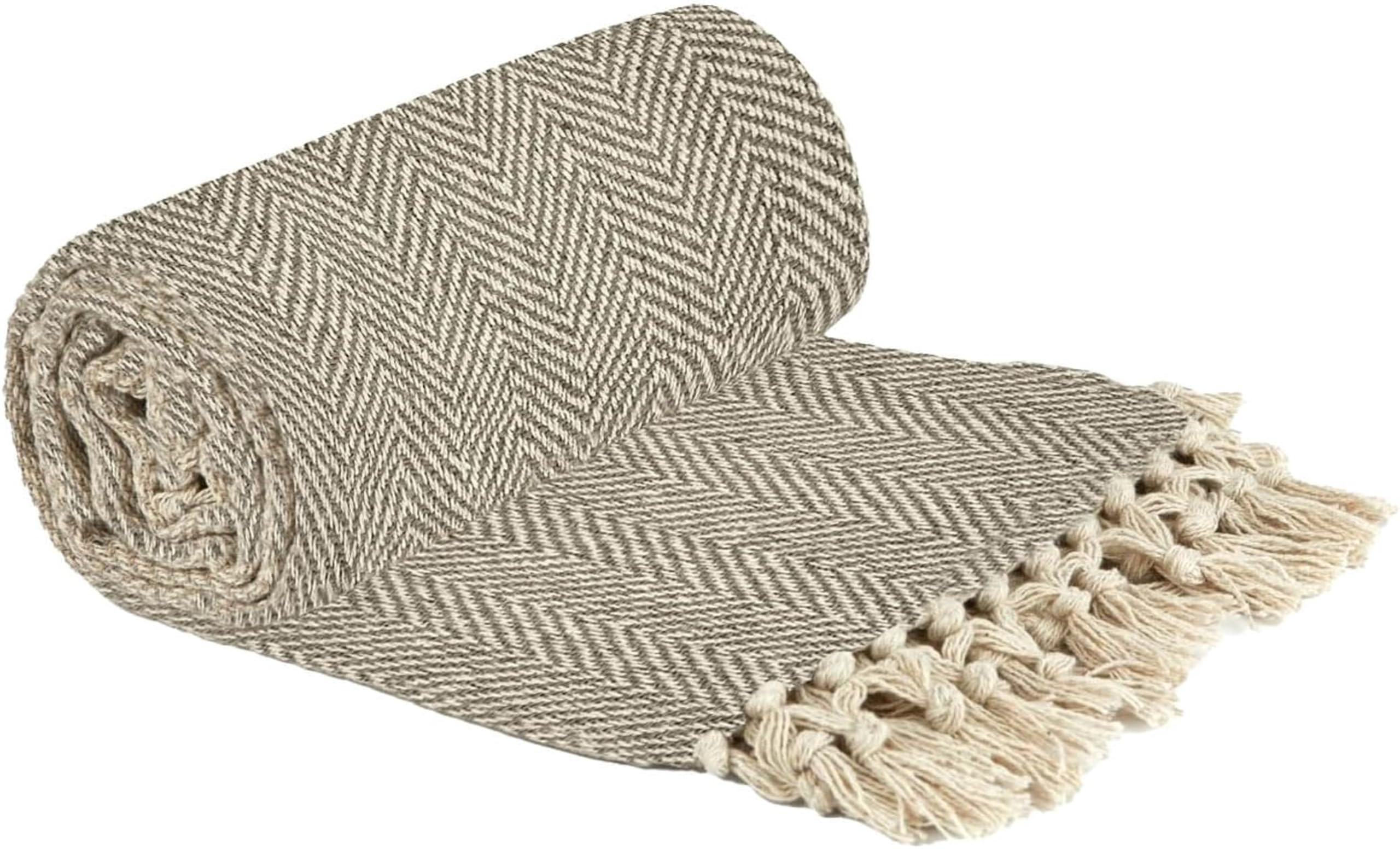 Emma Barclay Herringbone - Recycled Cotton Patterned Chair Sofa Setee Bed Throw Over Blanket in Natural - 50x60 (127x152cm) — image 1