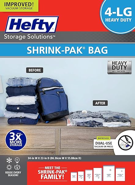 HEFTY SHRINK-PAK HEAVY DUTY VACUUM STORAGE BAGS – FOR CLOTHES, PILLOWS, TOWELS, BLANKETS & MORE – SPACE SAVER VACUUM SUCTION SEAL FOR HOME OR TRAVEL – 4 LARGE BAGS, 34 X 22 INCHES