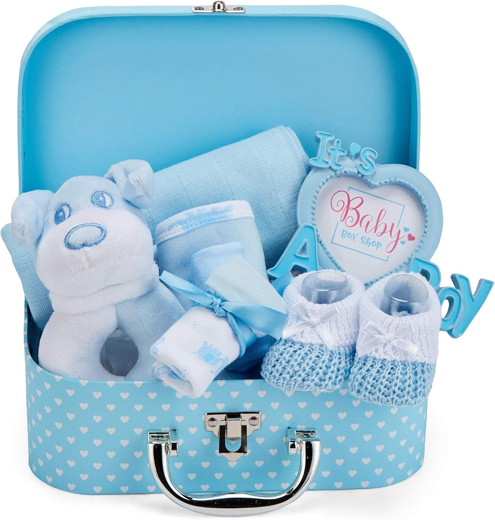 Baby Box Shop Newborn Baby Boy Gift Set in Keepsake Blue Box with Rattle