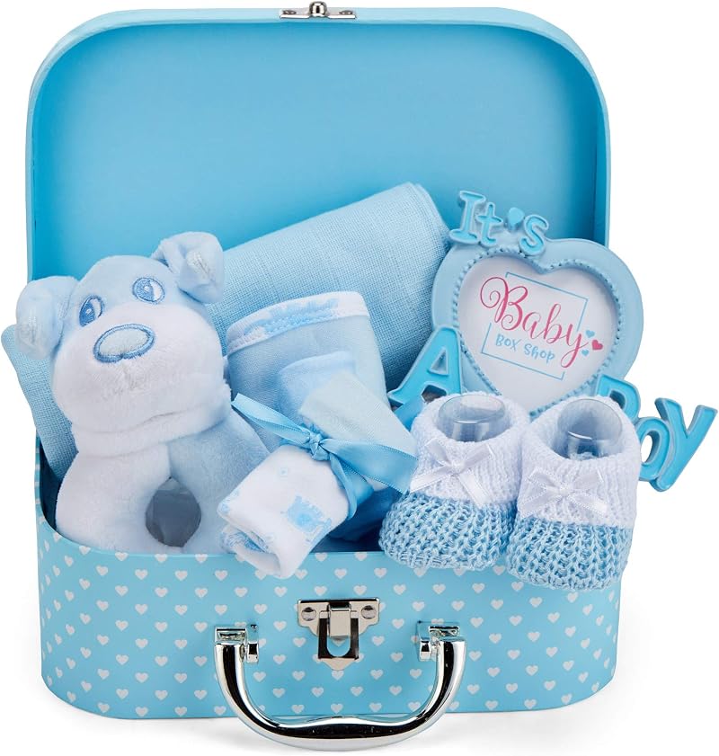 Baby Box Shop Newborn Baby Boy Gift Set in Keepsake Blue Box with Rattle