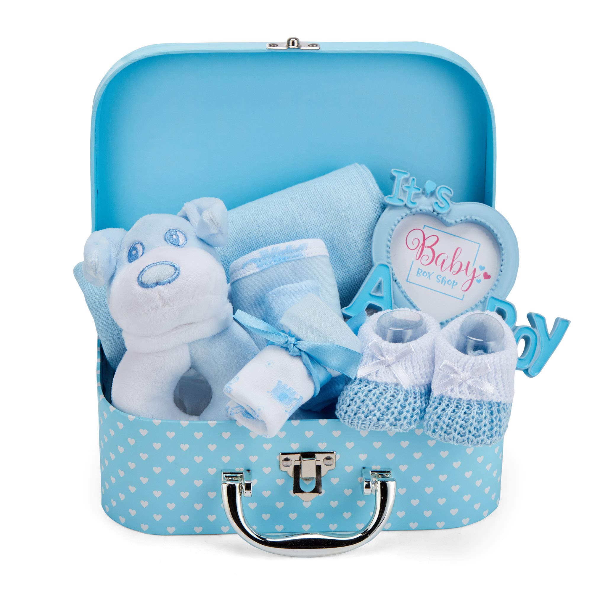 Baby Box Shop Newborn Baby Boy Gift Set Premium Gift-Ready Hamper with Rattle, Photo Frame, Muslin Cloth & Newborn Essentials in a Blue Keepsake Box - Ideal as Baby Shower Gifts for New Born Boys