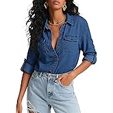 HOCAIES Ladies Denim Shirts for Women Solid Tops and Blouses Casual V Neck Button Down Blouse Summer Jean Top Size 4 to 6 Indigo Blue Small