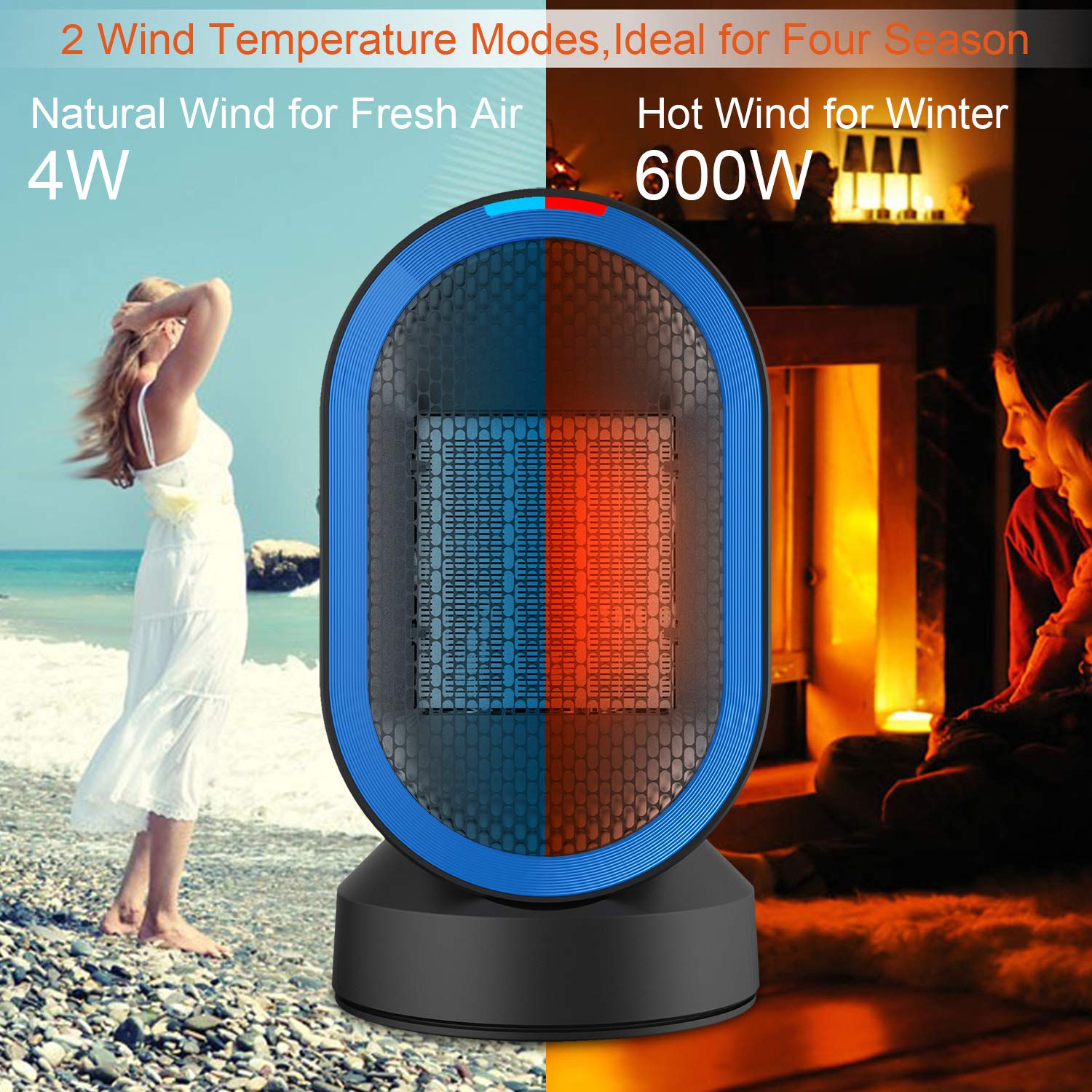 Ceramic Space Heater, Small Portable Electric PTC Heater with Auto-Oscillation,2s Quick Heating,Hot&Natural Wind,Tip-Over&Overheating Protection for Home Office Desk, 600 Watts