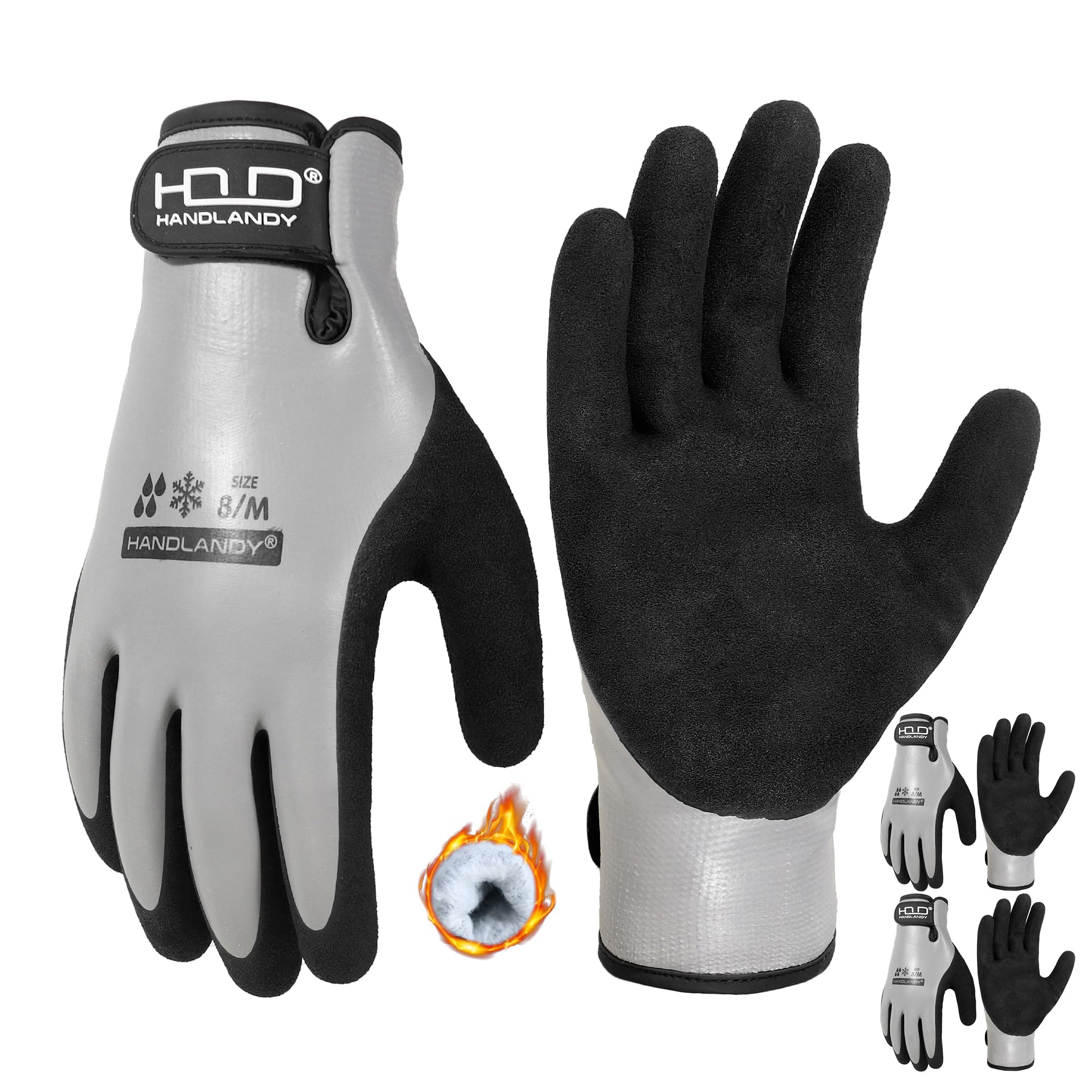 HANDLANDY 2 Pairs Winter Waterproof Work Gloves, Thermal Insulated Cold Weather Gloves with Grip for Men Women, for Freezer Fishing Warehouse (Black-Grey, M) — image 1