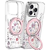 Loheckle for iPhone 14 Pro Max Case with Stand- Compatible with MagSafe Women Girls Cute Clear Girly Unique Design Soft TPU Magnetic Ring Phone Cover for Apple 14 Promax, Purple Flower