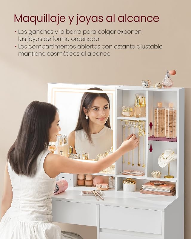 Kailyn Colección - Tocador con Luces LED, Regleta de Enchufes, Luz Regulable en 3 Colores, Mesa de Maqueillaje con Cajones, Ancho de 90 cm, para Dormitorios, Blanco Nube RDT134W01