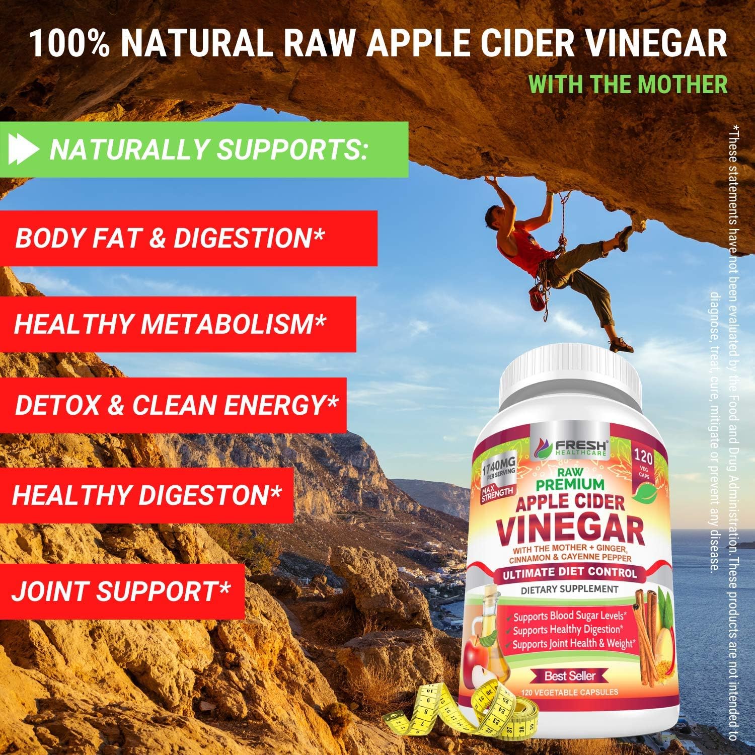 Premium Apple Cider Vinegar Pills Max 1740mg with Mother - 100% Natural & Raw with Cinnamon, Ginger & Cayenne Pepper - Ideal for Healthy Blood Sugar, Detox & Digestion-120 Vegan Capsules: Health & Personal Care