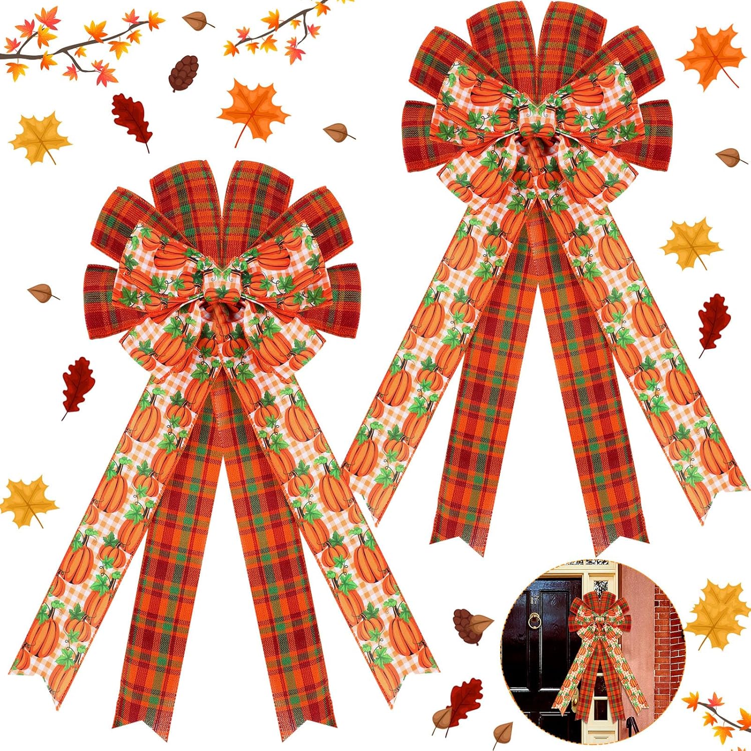 Bows & Ribbons - Zeyune 2 Pcs Fall Wreath Bows Large Pumpkin Buffalo Plaid Bows Decor Double Layer Thanksgiving Tree Topper for Autumn Holiday Indoor Outdoor Front Door Wall Decorations (Pumpkin Orange White Plaid)