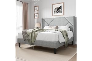 Feonase Queen Mordern Bed Frame with Wingback, Minimalist Upholstered Platform Bed, 8" Storage Space, No Box Spring Needed, Easy Assembly, Noise-Free, Light Gray