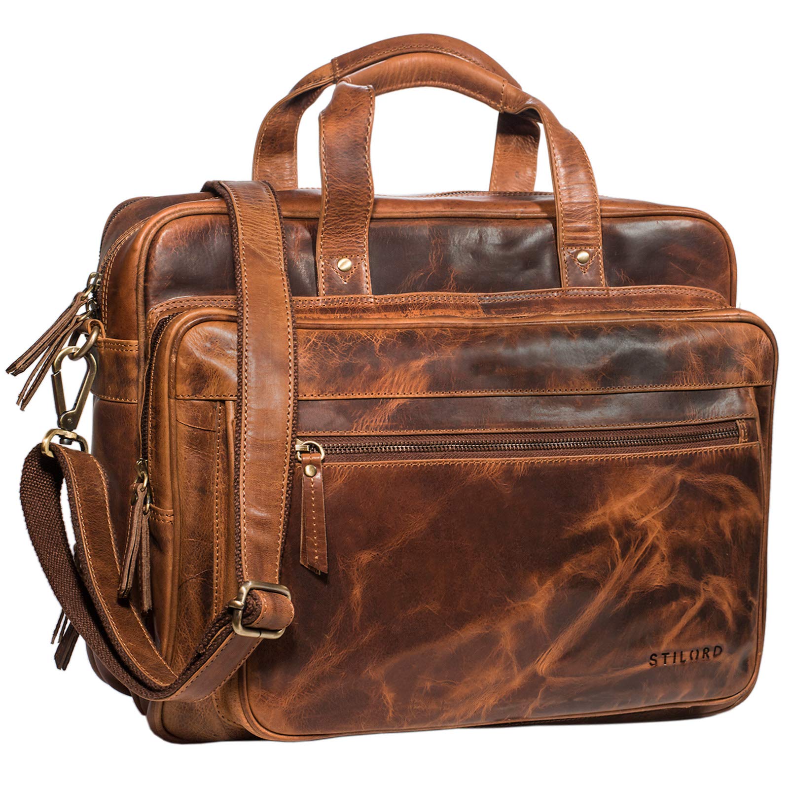 STILORD "Walt" Vintage Business Bag Real Leather Colour:Kara - Cognac