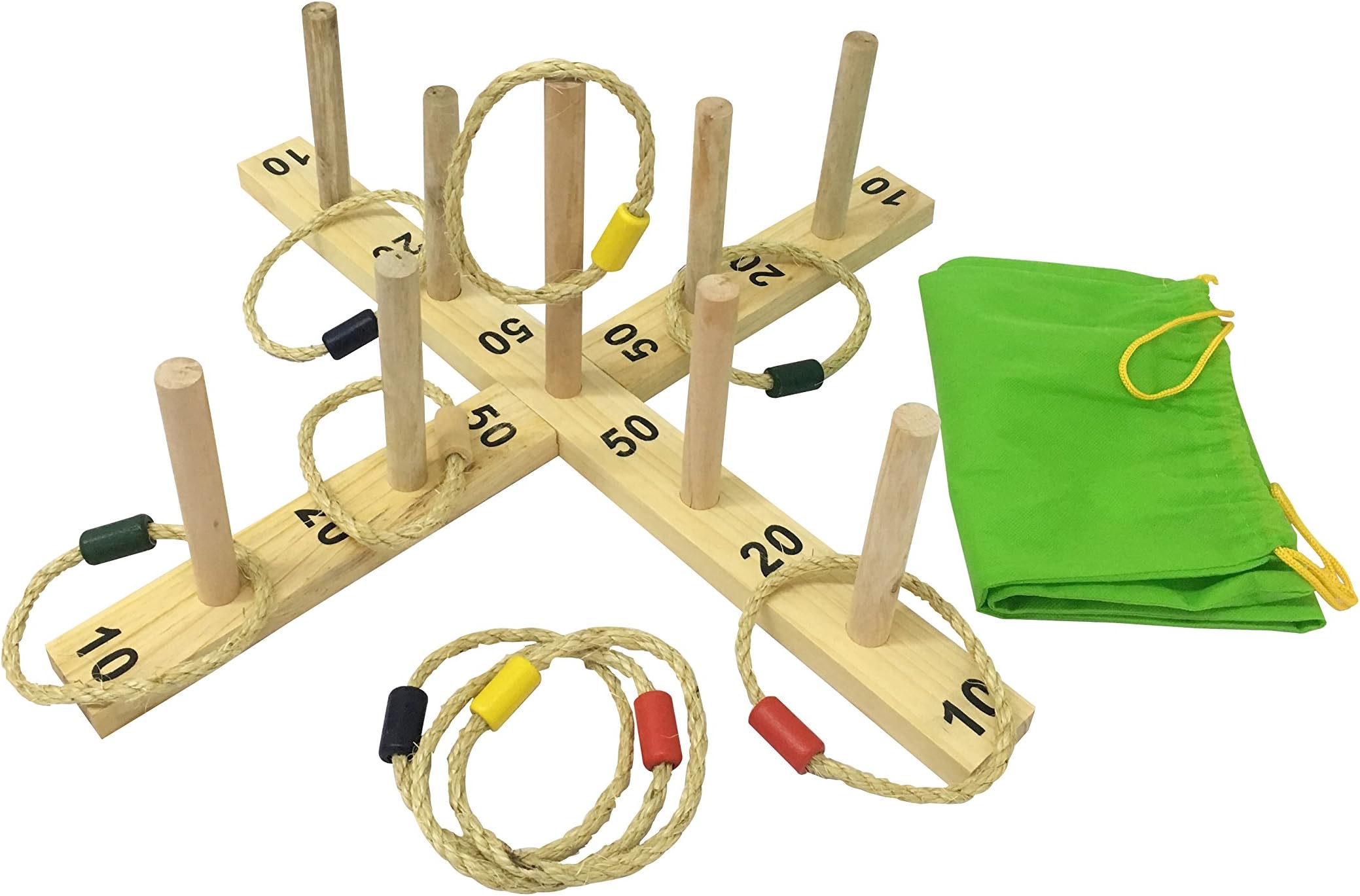 Funmate Large Rope Quoits w/Carry Bag Wooden Ring Toss Hoop La Game Wooden Pegs Throwing Game W/9 Hoops