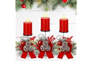 Yunlly Set of 3 Christmas Candle Holder Centerpiece with 3 Candle LED Battery Operated Pine Cone Ball Artificial Xmas Table Decorations Base Candelabrum for Dining Room Mantle Kitchen Indoor Home