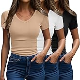 Ficerd 3 Pack Ribbed Short Sleeve Tops for Women Basics V Neck Slim Fit T Shirts Casual Tight Knit Tees(Black, White, Khaki,S)
