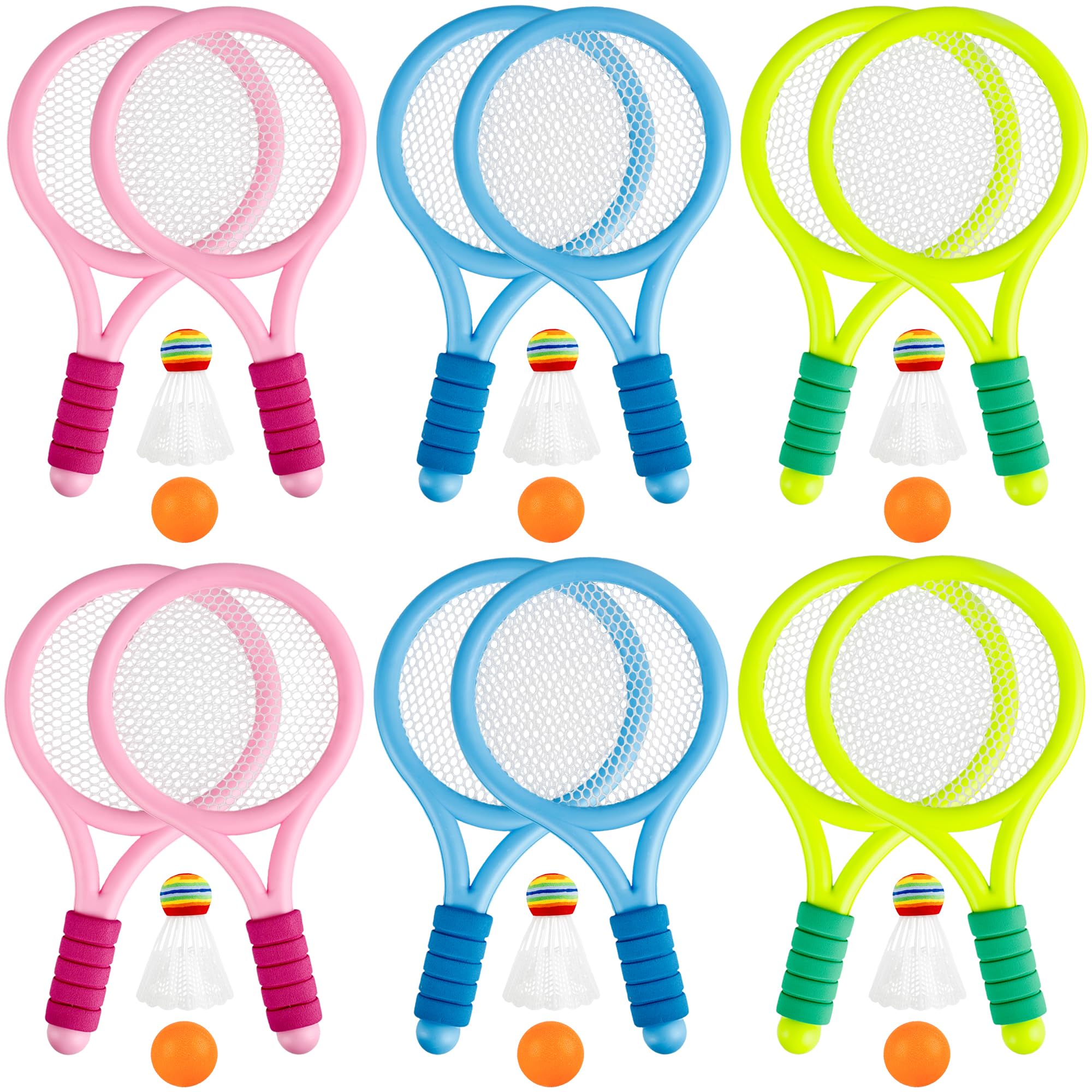 Photo 1 of 12 Pcs Plastic Kids Tennis Racket Set with 6 Pcs Tennis Balls and 6 Shuttlecocks Training Balls Badminton Paddle Racket Toy for Children Toddler Outdoor Indoor Beach Sports Gifts