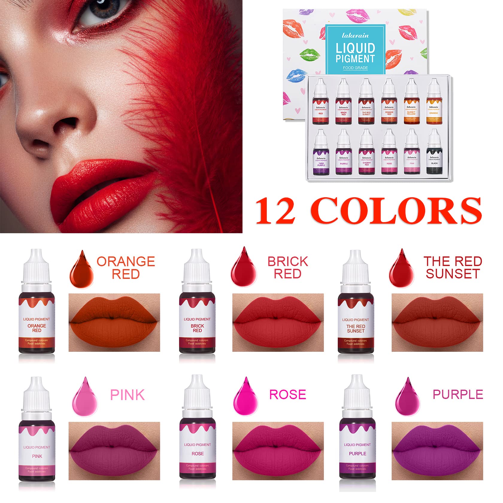 QIUFSSE 12 Colors DIY Lip Gloss Pigment Set，Liquid Pigment for Lip Gloss Natural Multifunctional High Color Rendering Red Warm Color Pigment for Lip Gloss Making-Set A