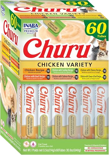 INABA Churu Cat Treats, Lickable, Squeezable Creamy Purée Cat Treat with Green Tea Extract & Taurine, 14 Grams Each Tube, 60 Tubes, Chicken Variety Box