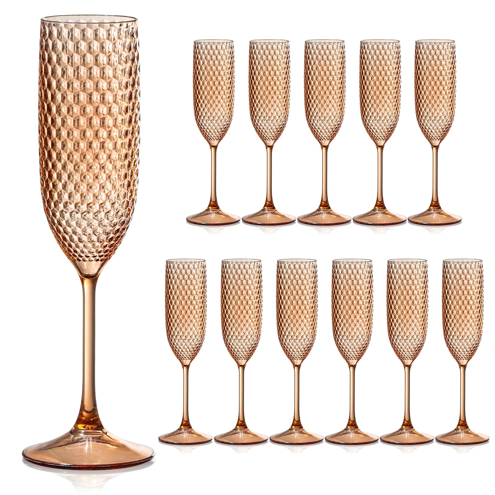 View 1 of 12 Pack Plastic Champagne Flutes - Rose Gold Goblet Glasses, Unbreakable Wedding Toasting Diamond Wine Crystal Cups, Clear Drinking Glasses 5.5 OZ for Bridal Shower
