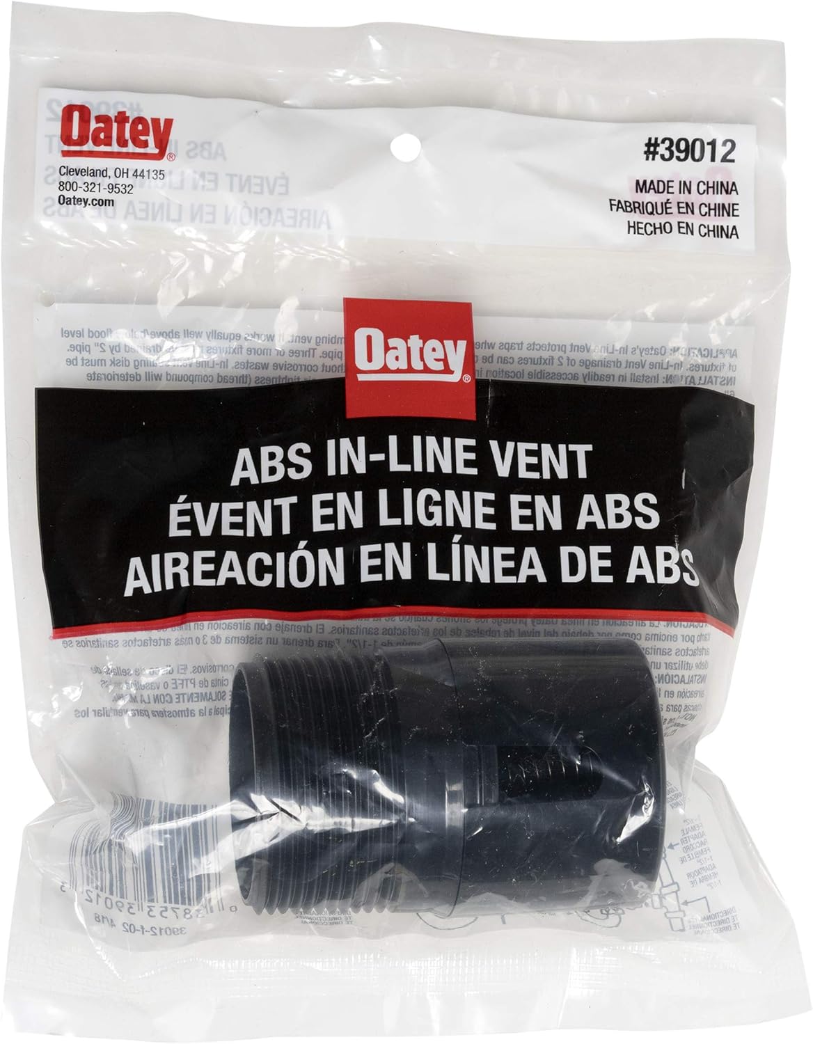 Oatey 39012 ABS In-Line Vent 2X2 13/16, Black - Plumbing Hoses - 