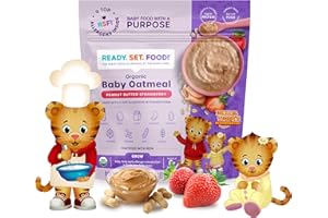 Ready, Set, Food! Organic Baby Oatmeal Cereal | Daniel Tiger Peanut Butter Strawberry | Organic Baby Food with 9 Top Allergens | Unsweetened | Fortified with Iron | 15 Servings
