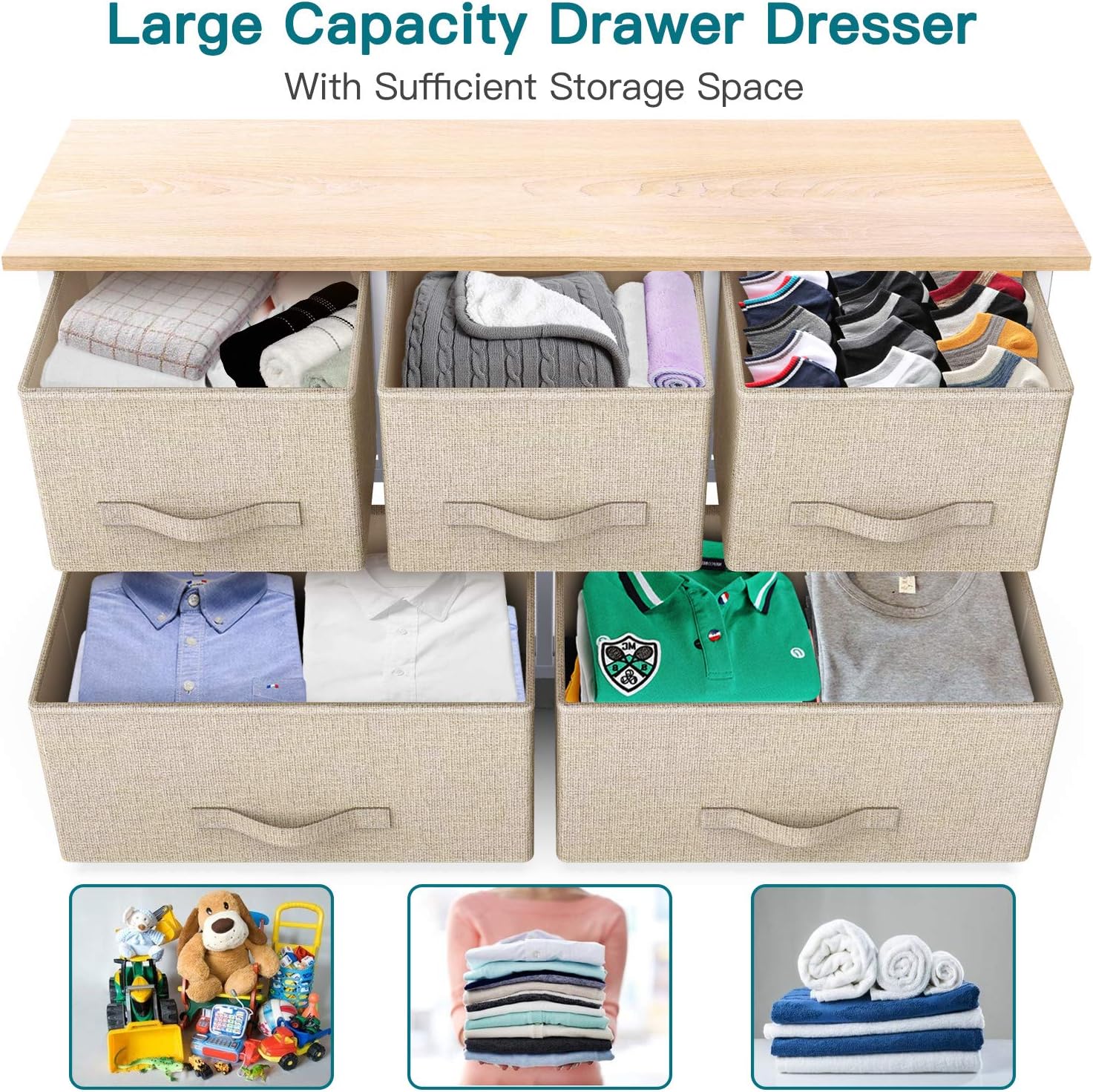 Fabric Dresser with 5 Drawers, Wide Dresser Storage Tower, Organizer Unit with Wood Top and Easy Pull Handle for Closets, Living Room, Nursery Room, Hallway by Pipishell: Home Improvement