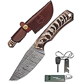 Cazador 330 – 7.8 ” Handmade Damascus Hunting Knife- Fixed Blade Knife with Sheath – Full Tang Hunting & Bushcraft Knife–Ideal for EDC, skinning, camping, outdoor - Best Hunting Knives For Men. Ram horn Handle