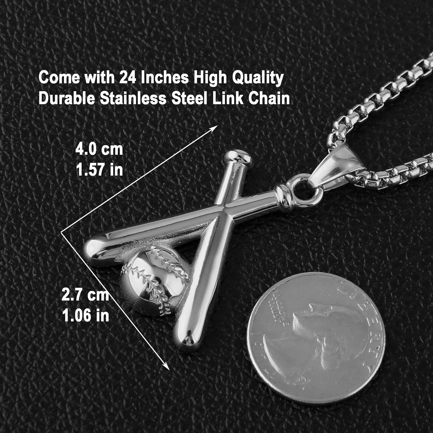 HZMAN Baseball and Baseball Bat Cross Youth Sports Stainless Steel Pendant Necklace 24'' Chain (Silver): Jewelry