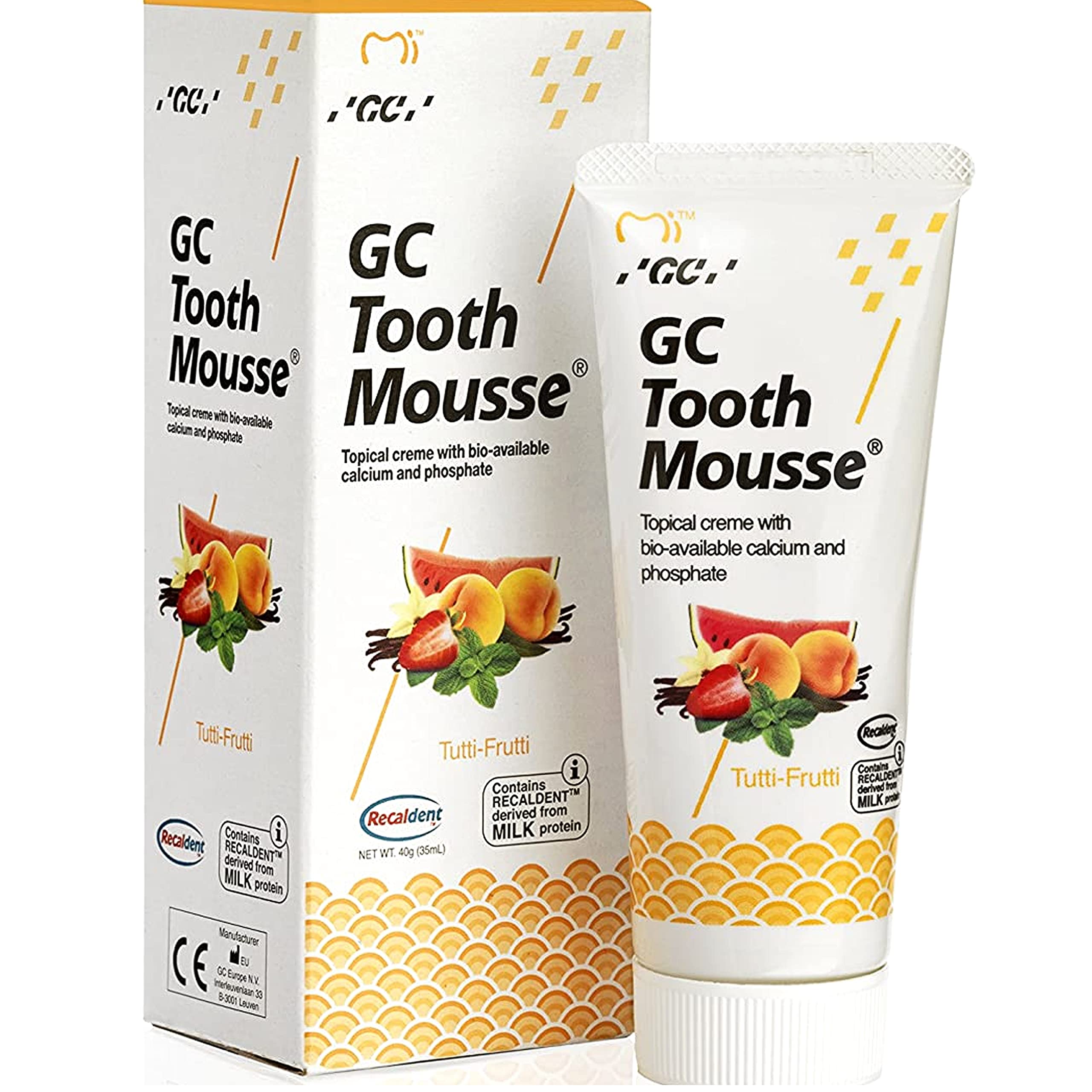 GC Toothpaste Mousse, Tutti Frutti 2x35ml, Natural Tooth Care for Babies, Pack of 2, Unisex Kids, 140ml, Casein, Mint, Strawberry