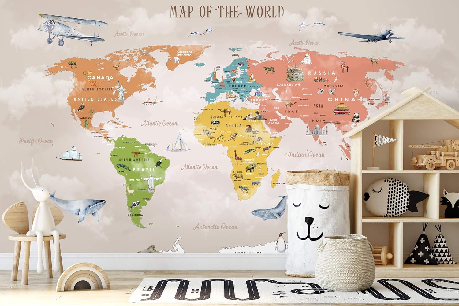 Amazon Com Murwall Nursery Wallpaper For Kids Colorful World Map Wall Mural Airplane And Hot Air Balloon Wall Print Childroom Wall Decor Play Room Handmade