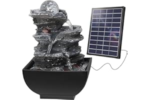 NFESOLAR Mini Waterfall Fountain Outdoor, 5.5W Solar Powered 3-Tiered Rock Waterfall Fountain, Spinning Orb Rock Cascading Freestanding Fountains for Relaxation
