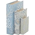 Deco 79 Canvas Decorative Box Faux Storage Book Book Shaped Boxes with Varying Coral and Shell Patterns, Set of 3 Decorative Keepsake Boxes 12", 9", 6"H, Light Blue