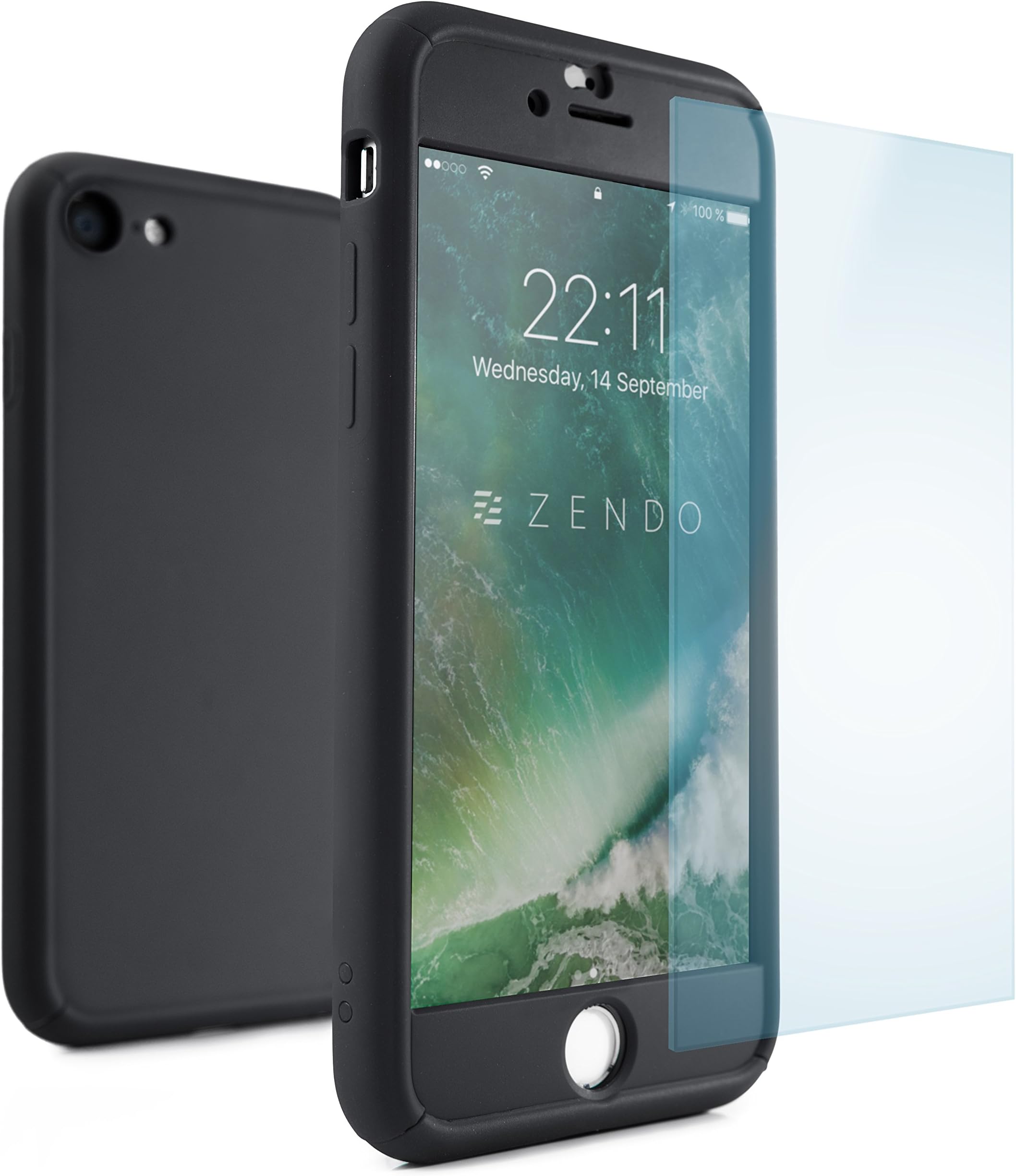 ZENDO iPhone 7 Shockproof Case + Asahi 9H Grade Tempered Glass (Patented 360 Full-cover Design) | NanoSkin FreeFall [BLACK]