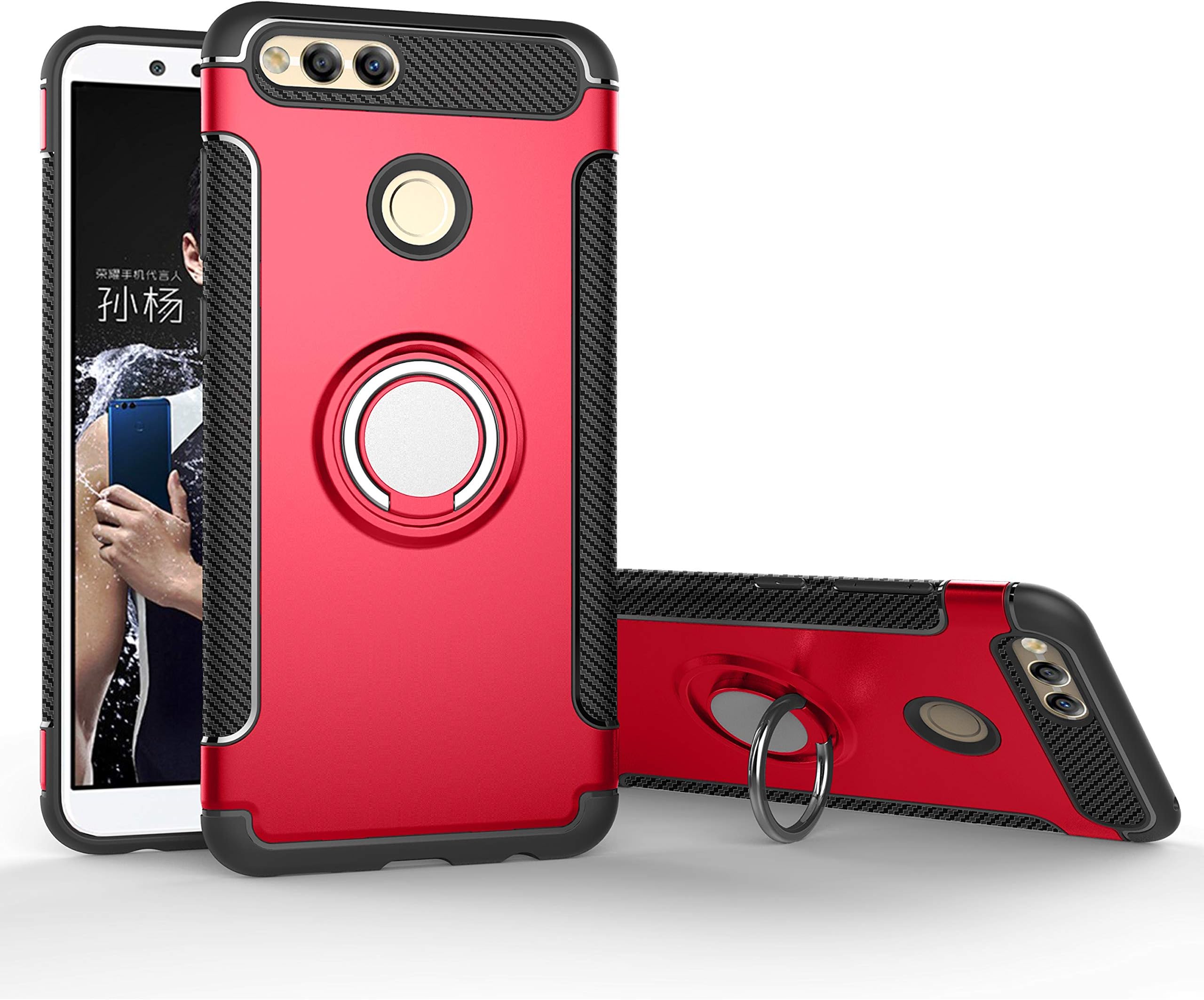 NEWZEROL for Huawei Honor 7X case [Adsorbed iron Plate] 360° Rotation Metal Finger Ring Holder Kickstand Car Stand 3 in 1 Phone Case TPU and PC Semi-hard Cover Hybrid Dual Layer Phone Cover - Red