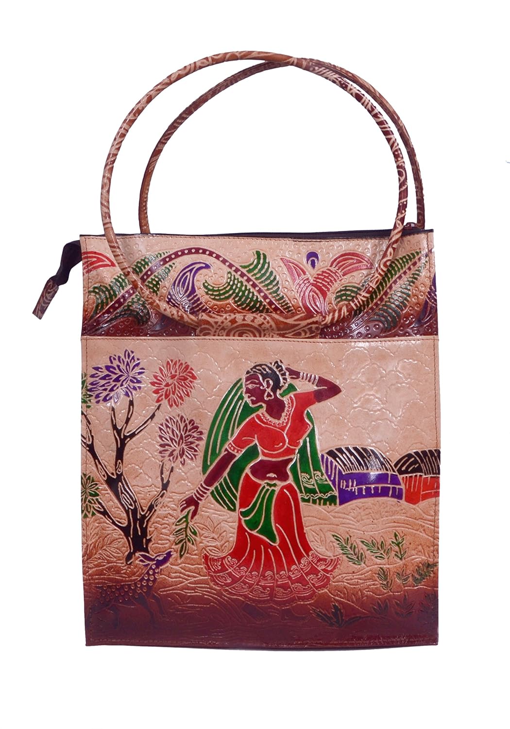 zint hand tooled painted pure leather shantiniketan ethnic boho women's large purse handbag shoulder tote bag