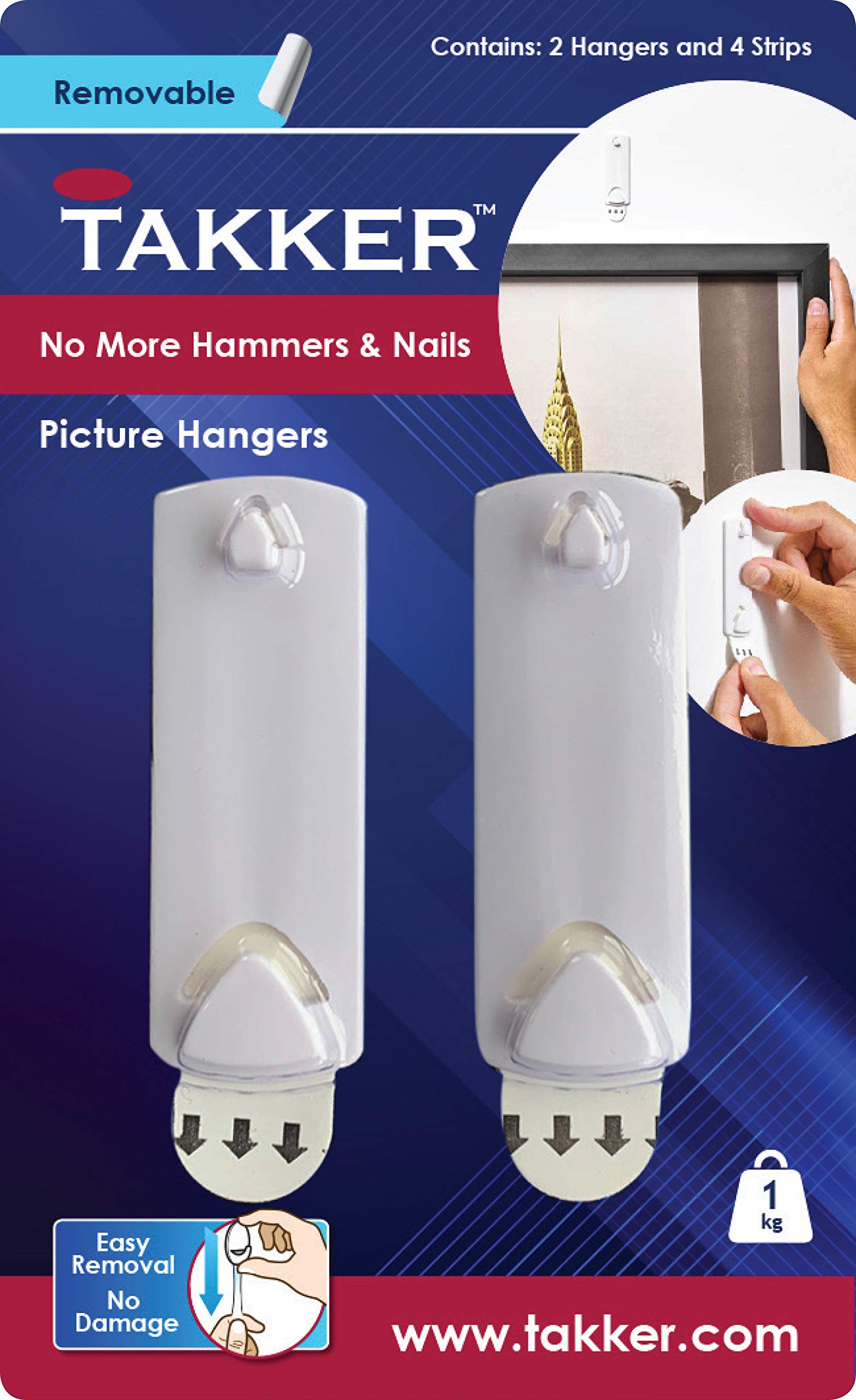 Takker - 2 x Picture Hangers with 4 x Sticky Strips | Picture Hanging Kit, Strong Adhesive, Easy Application, Damage-Free Removal, Re-Useable, No Sticky Residue, for Home, Bathroom, Kitchen, Walls