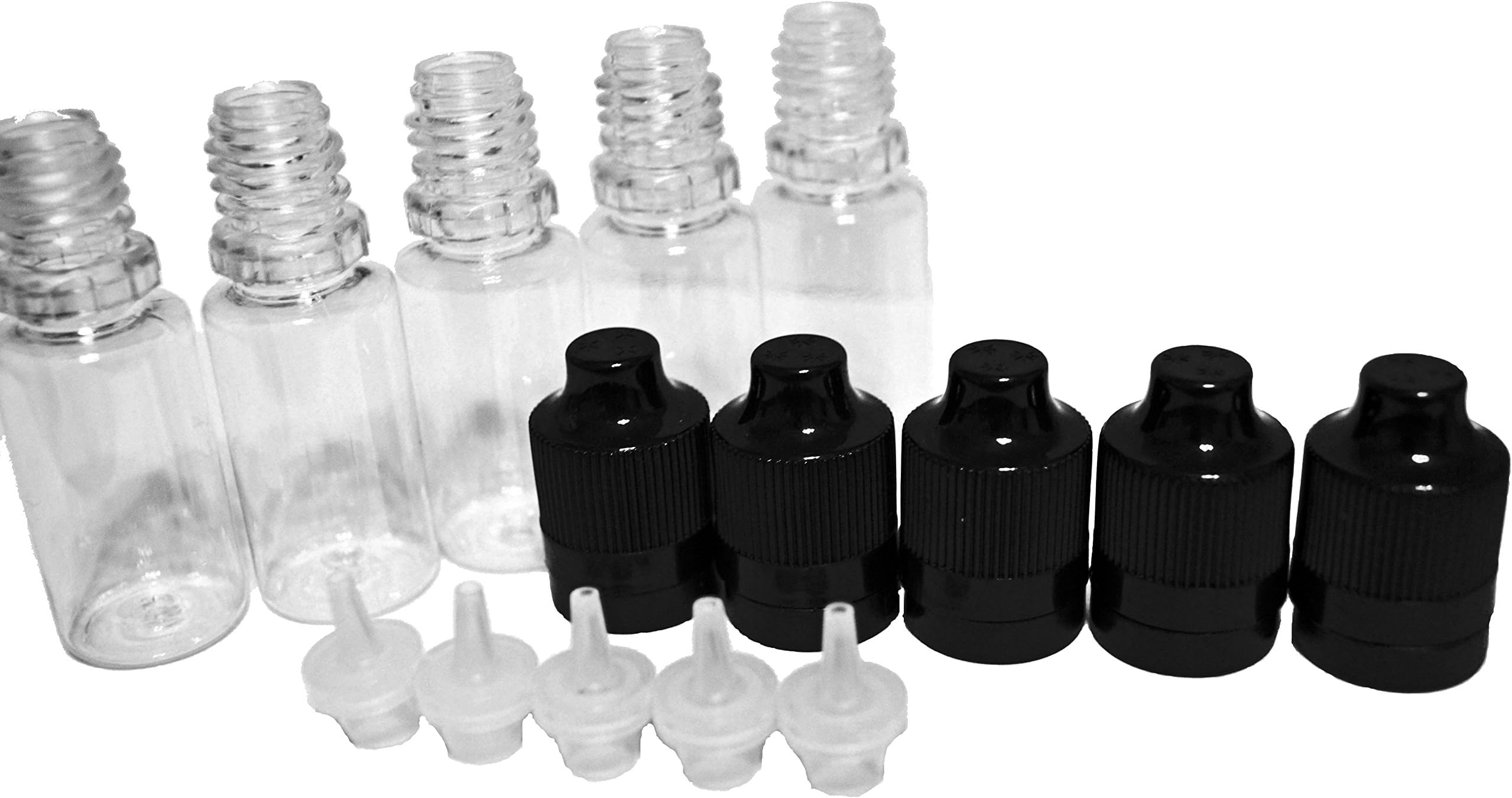 Evanesce - 10ml Clear PET Plastic Dropper Bottles with Long Dispenser Tip, Child Safety Cap (Black) with Tamper Evident Ring and Braille Top - Pack of 5