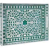 MAONAME Rectangular Decorative Tray, Plastic Serving Tray with Handles, Modern Green Trays for Ottoman, Coffee Table Trays for Living Room, Home Decor, 15.7" x 11.8" x 1.6"