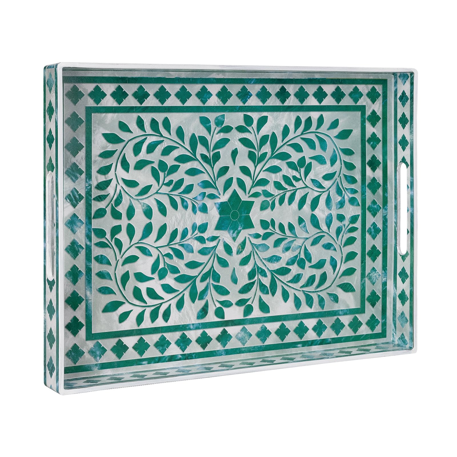 Photo 1 of MAONAME Rectangular Decorative Tray, Plastic Serving Tray with Handles, Modern Green Trays for Ottoman, Coffee Table Trays for Living Room, Home Decor, 15.7" x 11.8" x 1.6"