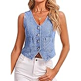 IVIR Denim Vest V Neck Jean Vest Tops for Women Sleeveless Button Down Denim Cropped with Pockets Casual Outfits
