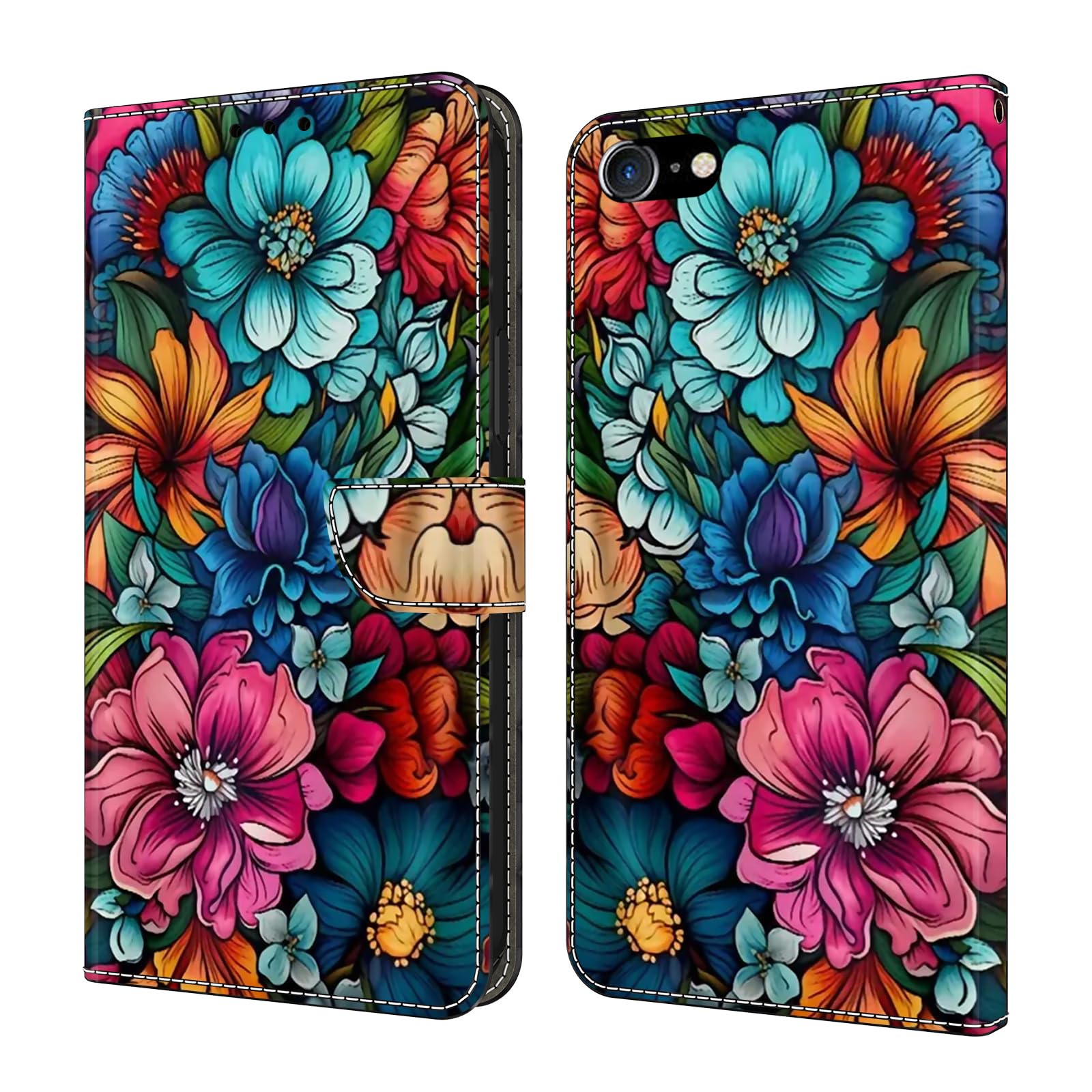 Unichthy Flip Case for iPhone SE 2022/8/7 - Gothic Flowers PU Leather Folio Shell with 2 Card Slots, Magnetic Stand, Shockproof