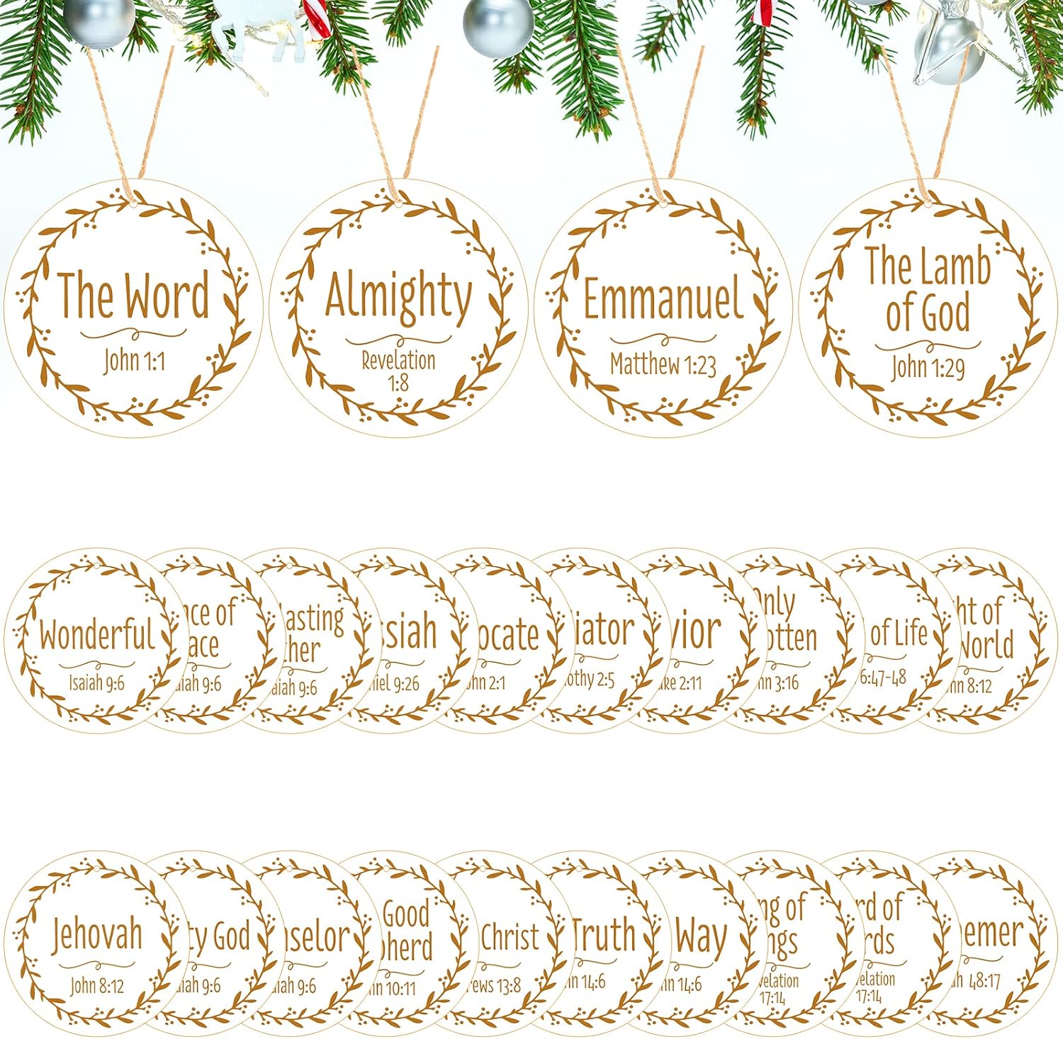 Ornaments - Bucherry 24 Pcs Names of Jesus Christ Christmas 3.5 in Nativity Round Wooden Hanging Ornaments with Different Names of The Savior Xmas Tree Ornaments for Home Decor (White with Gold, Plain)