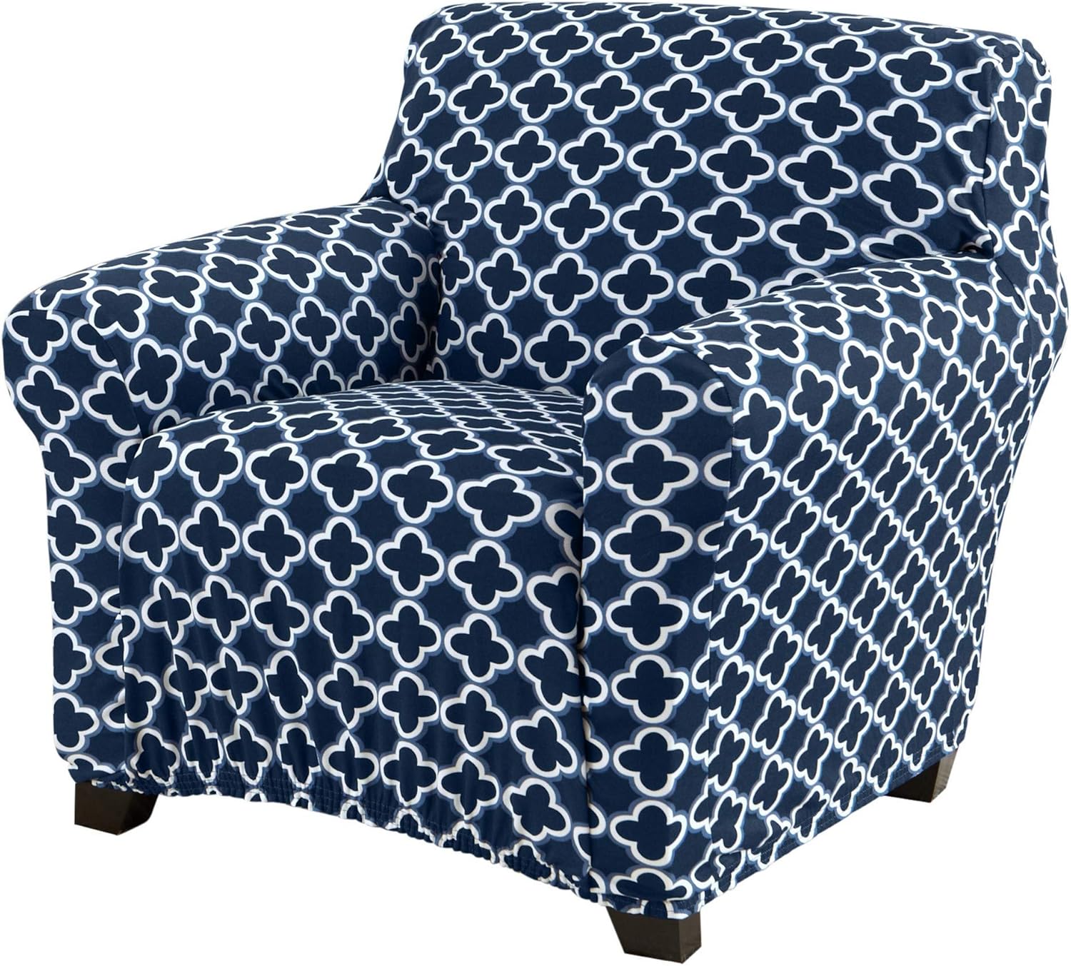 Slipcovers - Great Bay Home Printed Twill Arm Chair Slipcover. One Piece Stretch Chair Cover. Strapless Arm Chair Cover for Living Room. Fallon Collection Slipcover. (Chair, Navy)