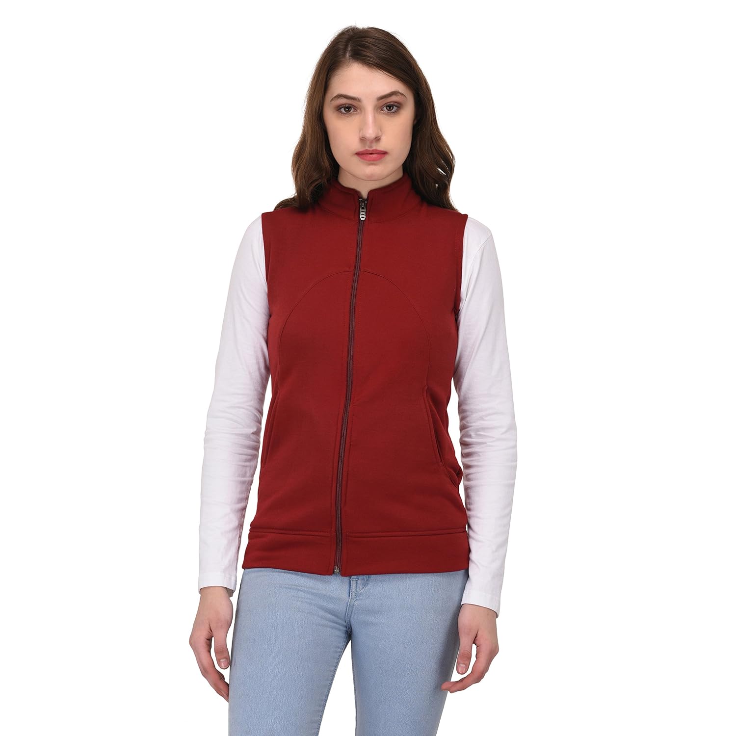 darzi women's sleeveless solid casual maroon jacket (darzi-185)