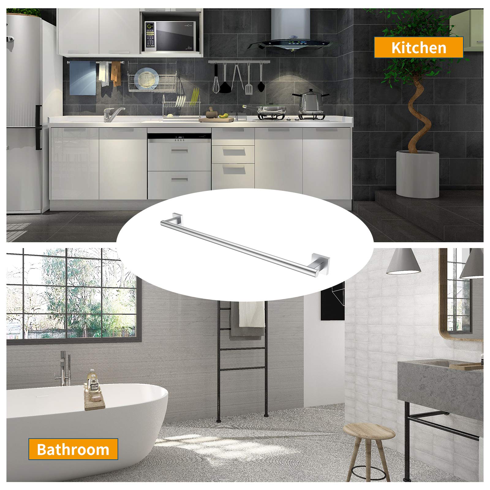 HOMGIF 24-Inch Towel Bar Rack SUS 304 Stainless Steel Brushed Finish Wall Mounted Bath Shelves Hanger (Single Bar)