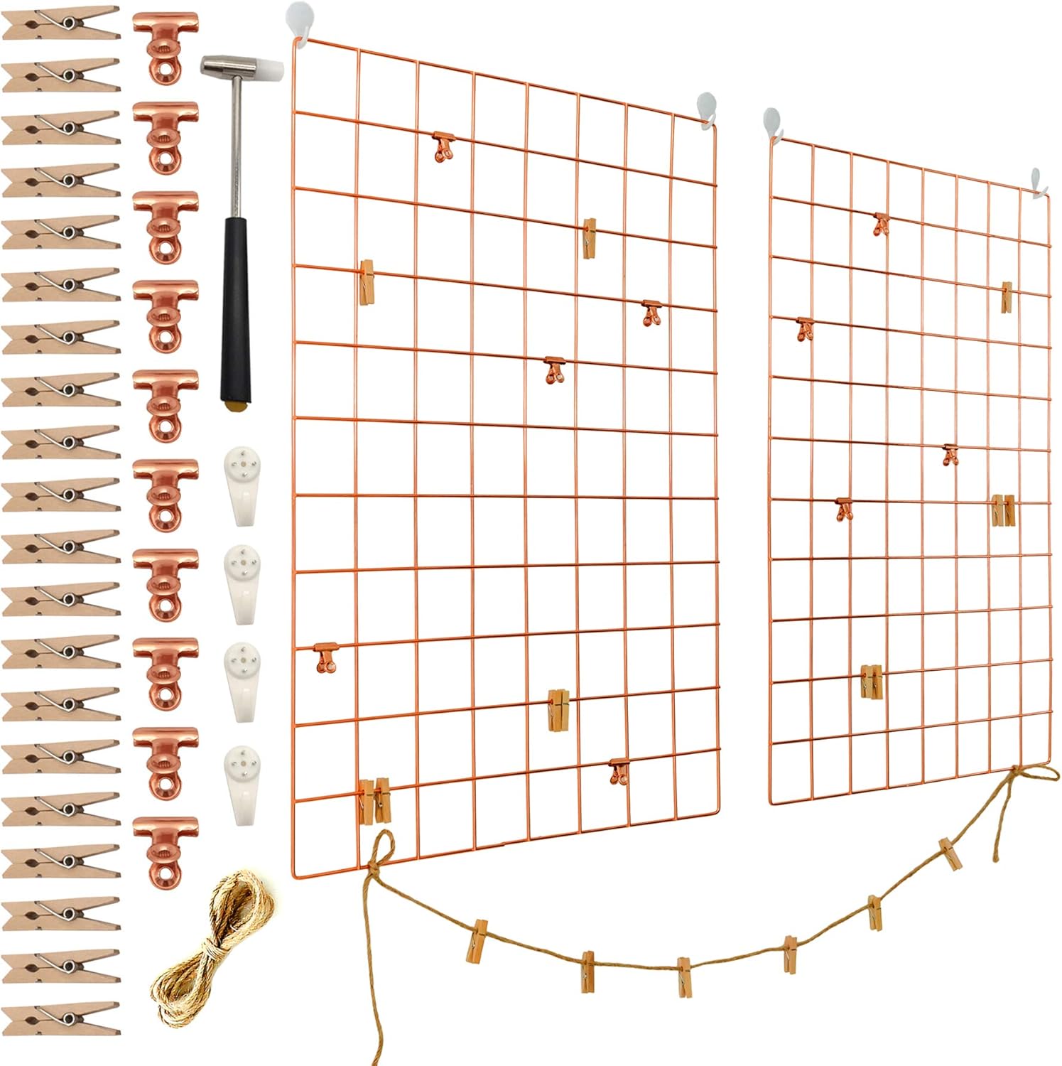 SKYTTU Wire Wall Grid Panel - 25.6 x 17.7 inch, 2 Pack - Chrome Metal with Durable Accessories, Display Decoration for Organizing Polaroid Photo, Calendar at Home Office Store Restaurant (Rose Gold)